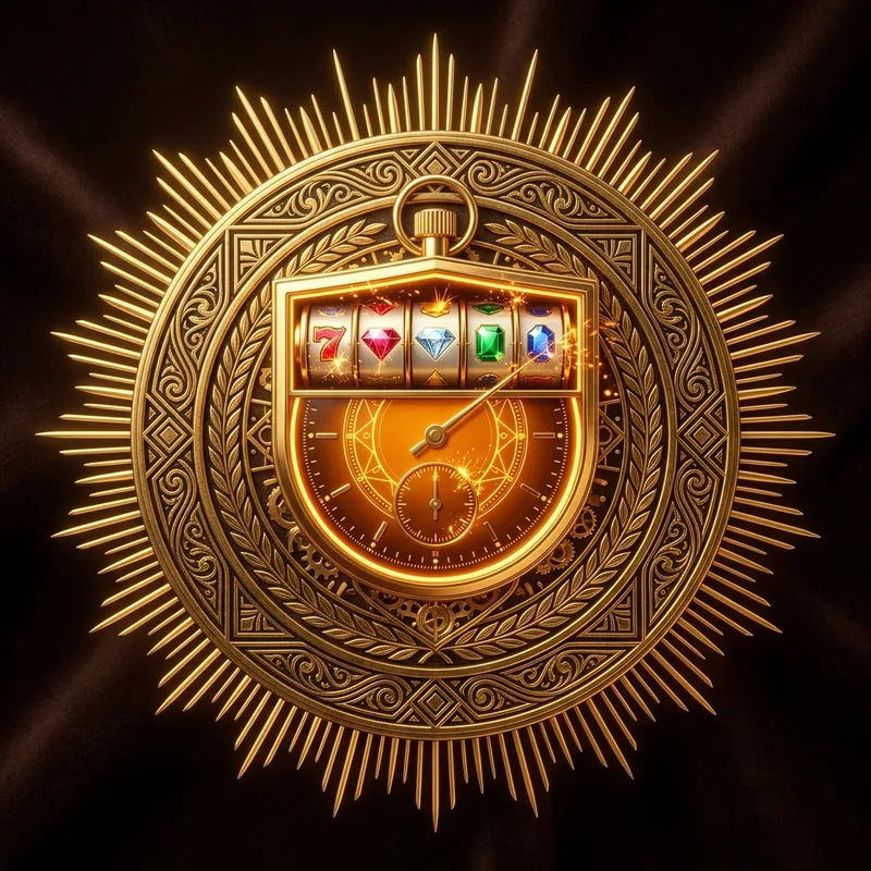 Gold sunburst medallion with a stopwatch face fused to a slot reel